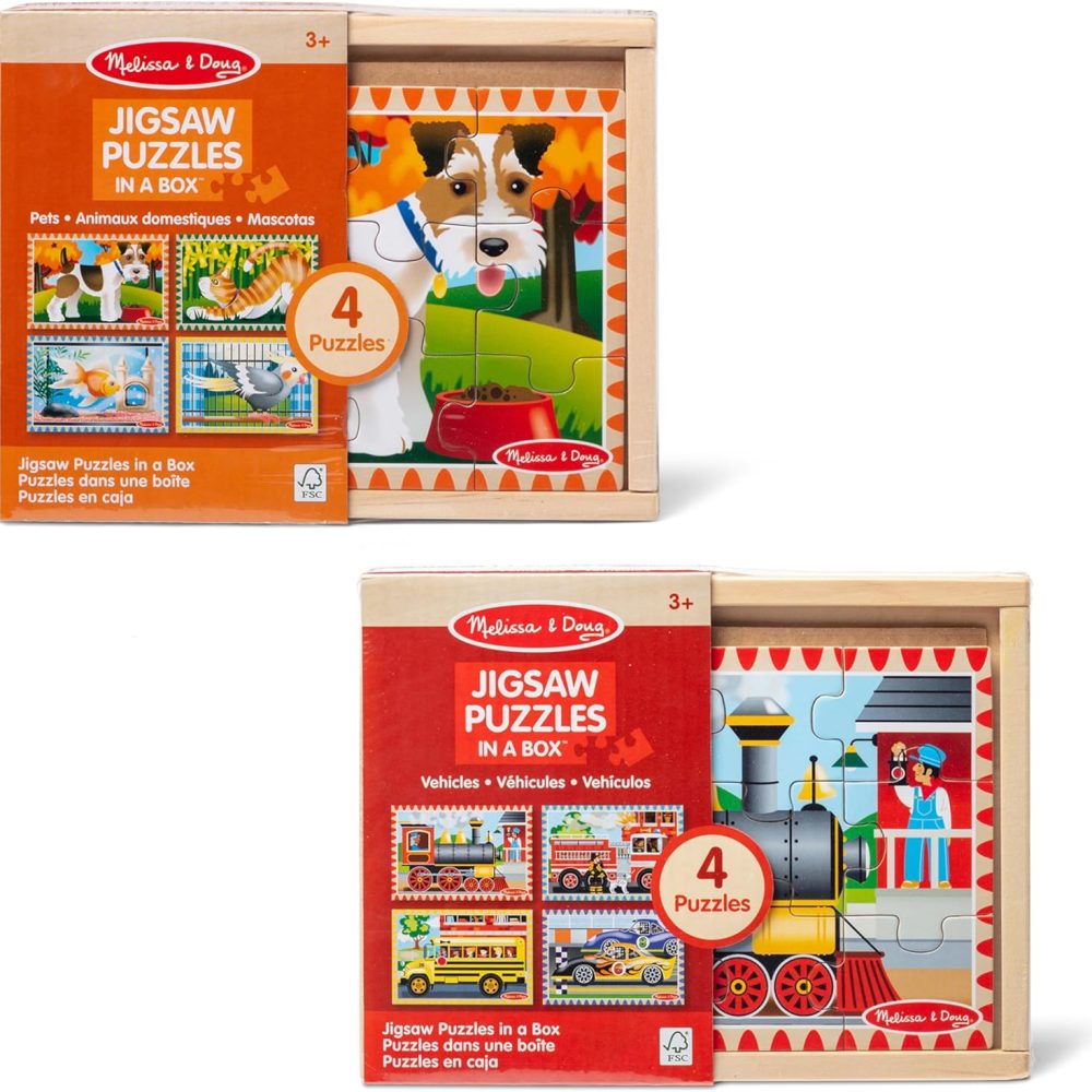 Melissa & Doug Wooden Jigsaw Puzzles in a Box 2-Pack for Preschool Boys and Girls – Pets, Vehicles